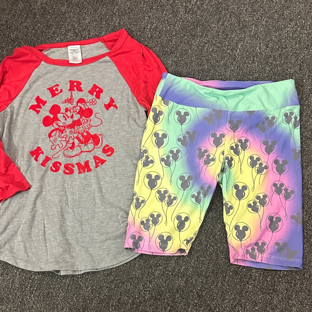 Disney Red and Gray Merry Kissmas Top with Colorful Mickey Shorts